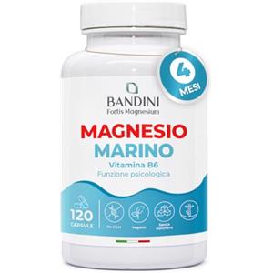 Bandini® Magnesio Marino e Vitamina B6 120 capsule/4 mesi, Alto Dosaggio di Magnesio Marino per Capsula: 200 mg magnesium +1,4 mg di B6, Per Muscoli, Sistema Nervoso, Affaticamento, Stress, Vegano