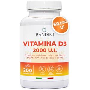 Bandini® Vitamina D 60.000 UI/mese 200 compresse (+6 mesi), Difese Immunitarie, Salute di Ossa, Denti e Muscoli, Metabolismo del Calcio, 50 mcg di Colecalciferolo, Vitamine D3 Pura ad Alto Dosaggio