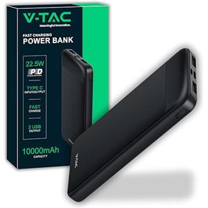 V-TAC Power Bank 10000 mAh con Ricarica Rapida PD 22.5W - Batteria Esterna Sottile con Porta USB Type-C e 2 Porte USB-A - Compatibile iPhone, iPad, Samsung, iPad, Xiaomi - PowerBank Nero