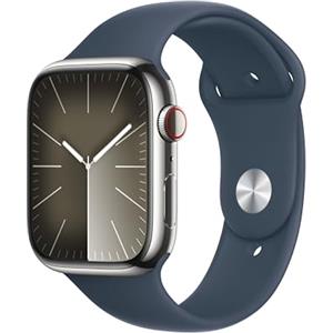 Apple Watch Series 9 GPS + Cellular 45mm Smartwatch con cassa in acciaio inossidabile color argento e Cinturino Sport blu tempesta - S/M. Fitness tracker, app Livelli O₂, display Retina always-on