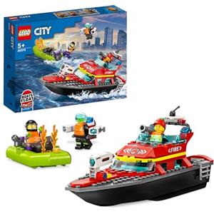 LEGO 60373 City Fire Barca di Soccorso Antincendio dei Vigili del Fuoco, Nave Giocattolo Galleggiante con Gommone di Salvataggio e Minifigure