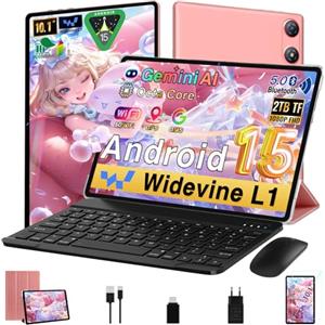 UJJ Tablet Android 15 10 Pollici 64GB ROM + 2TB, Gemini AI, Octa-Core 2.0Ghz, 1280*800 FHD IPS, Standby Molto Lungo, 5G WiFi, Widevine L1, 5MP+13MP, Face ID, GMS Certificazione, Tablet con tastiera, Rosa