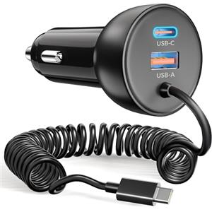 LUOSIKE 75W Caricabatterie Auto USB-C/A con Cavo a Spirale 1.2m Type-C, Caricatore USB Accendisigari 12V Presa Accessori Adattatore per iPhone 17 16 16e 15 Pro Max, Samsung Galaxy S25 S24 Ultra, iPad, Pixel