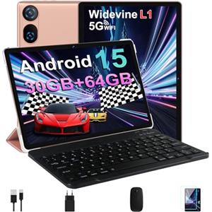 DMOAO Tablet 10 Pollici Android 15 con 30 GB RAM + 64 GB ROM(2TB Espansione), FHD Tablet con Tastiera e Mouse, 5G Wi-Fi, GPS, Widevine L1, Octa-Core, USB-C, BT 5.0, 6000 mAh, 8MP+5MP, Gemini AI, Oro