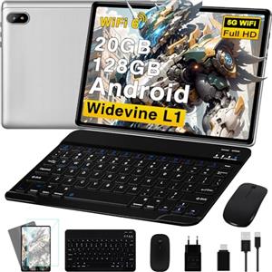 UJJ Tablet 10 pollici Android 14 Octa-Core, 20 GB RAM+128 GB ROM (1 TB TF), 5 G+2.4 G Dual Band WiFi 6, Bluetooth 5.0, 5 MP+8 MP, Widevine L1, HD IPS, Facciale ID, Tablet con tastiera e mouse