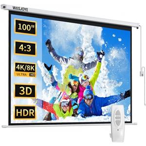 WASJOYE Schermo per proiettore motorizzato da 100 "Proiezione automatica diagonale elettrica 4:3 8K HD Schermo per Home Theater Cinema Ufficio Videogiochi Interno W/Telecomando e Montaggio a Parete