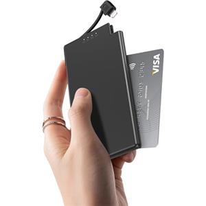 Auskang Powerbank 5000mAh Sottilissimo, batteria esterna Cavo per iPhone 14 e modelli precedenti, Non per 15/16 (USB-C), powerbank viaggio- Nero