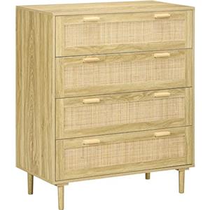 HOMCOM Cassettiera 4 Cassetti Stile Boho, Comò in Legno e Rattan per Camera da Letto e Ingresso, 90x45x108.5cm, Rovere