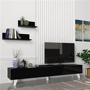 [en.casa] Set di Mobile TV e 2 Mensole da Muro Armadietto Porta TV 180 cm con 2 Ante a Ribalta e Mensole a Forma di L Lunghezze Diverse - Nero