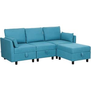 HOMCOM Divano Modulare Componibile con Pouf e Contenitori, Divano 3 Posti Angolare a L con Cuscini e Rivestimento in Flanella per Soggiorno, 213x156x88 cm, Blu