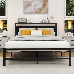 VERFARM Telaio per letto in metallo, con testiera in legno, struttura per letto con rete a doghe, per camera da letto, camera degli ospiti, facile da montare, senza rumore, nero, 120 x 200 cm