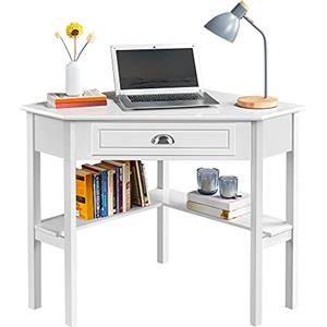Yaheetech Scrivania Angolare per Computer Desktop Computer in Legno con Cassetto e Ripiano Portaoggetti per Postazione di Lavoro Elegante 106 × 71,5 × 76,5 cm Bianco