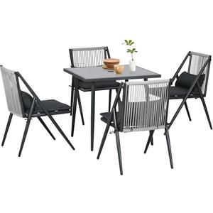 Outsunny Salotto da Giardino 5 Pezzi, Set Tavolo e Sedie da Giardino con 4 Sedie con Cuscini Lavabili e Tavolo da Pranzo Quadrato in Vetro con Foro per Ombrellone, in Alluminio, Grigio Scuro
