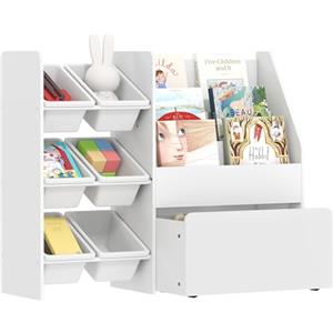 AIYAPLAY Scaffale Portagiochi Bambini, Organizzatore per Giocattoli in Legno FSC con 6 Contenitori Rimovibili, Box Inferiore con Ruote e 3 Ripiani, Mobile Libreria Scaffale per Cameretta, Bianco