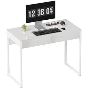 HOMCOM Scrivania Salvaspazio 100x50 cm, Scrivania con 2 Cassetti, Gambe in Acciaio, Tavolo Computer Moderno con Piedini Regolabili per Soggiorno, Camera da Letto, Studio e Ufficio, Bianco Lucido