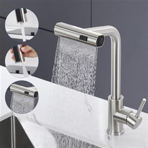 Ulytid Rubinetto Cucina con Doccetta Estraibile, Rubinetto Lavello Cucina Cascata a 3 Modalità, Miscelatore Cucina Monocomando Girevole a 360°, Acciaio Inox 304 Spazzolato, Risparmio Idrico