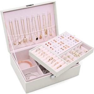 Sciphylia Porta Gioielli Donna 2 Strati Grande Portagioie Donna con Vassoio Rimovibile Impermeabile Pelle Pu Portagioie da Viaggio con Serratura Ragazza per Anelli Orecchini Collane Bracciali, Bianco