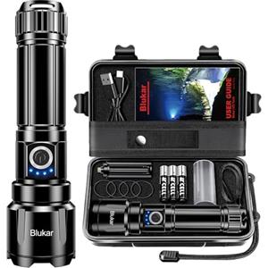Blukar Torcia LED Potente Professionale, Ricaricabile Super Luminoso Zoomabile Torcia Alta Potenza con 5 Modalità di Illuminazione,IP67 Impermeabile Flashlight per Campeggio/Emergenza/Trekking
