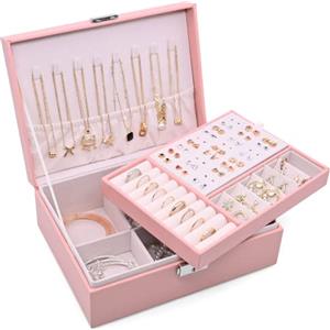 Sciphylia Porta Gioielli Donna 2 Strati Grande Portagioie Donna con Vassoio Rimovibile Impermeabile Pelle Pu Portagioie da Viaggio con Serratura Ragazza per Anelli Orecchini Collane Bracciali, Rosa