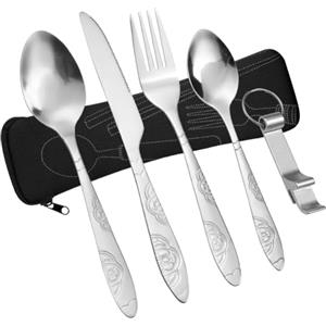 Vicloon Set di Posate con Custodia Portatile, 5 Pezzi in Acciaio Inossidabile con Apribottiglie, da Viaggio Coltello Forchetta Cucchiaio per Campeggio Picnic Scuola Pranzo (Fiori Neri)