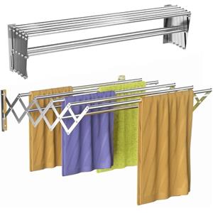 ChaneeHann Stendibiancheria Estensibile da Parete,Stendibiancheria da Acciaio Inox per Interni ed Esterni con 7 Barre da 60 cm,Stendibiancheria Estensibile per Balconi e Sopravasca,60x52x18.5cm