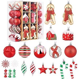 SHareconn Set di 65 Palline di Natale Decorazioni, in Plastica Infrangibile, Decorazione per Albero di Natale & Feste Matrimoni, Diverse Forme di Palline con corda, Rosso & Verde & Bianco