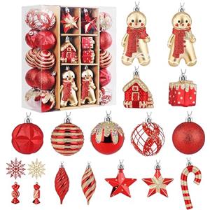 SHareconn Set di 65 Palline di Natale Decorazioni, in Plastica Infrangibile, Decorazione per Albero di Natale & Feste Matrimoni, Diverse Forme di Palline con corda, Rosso e O