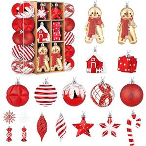 SHareconn Set di 65 Palline di Natale Decorazioni, in Plastica Infrangibile, Decorazione per Albero di Natale & Feste Matrimoni, Diverse Forme di Palline con corda, Rosso e Bianco