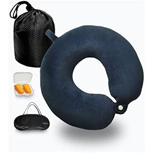 NavoX Cuscino da viaggio Cuscino collo in memory foam Cuscino di supporto, Maschera per dormire/tappo per le orecchie/sacchetto, confezione rapida compatta e leggera per campeggio,voli (blu)