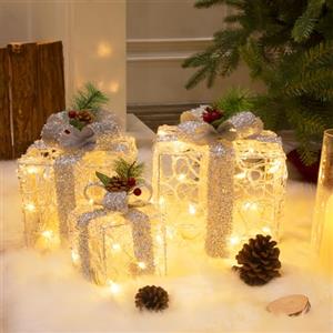 DELICHTER Scatola regalo natalizia a LED, in set da 3 pezzi, in acrilico, di colore bianco, decorazione natalizia per interni ed esterni, albero di Natale