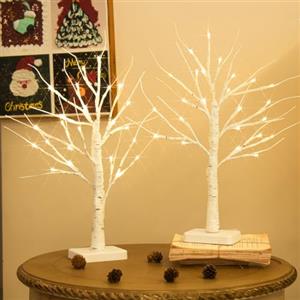 DELICHTER Set di 2 alberi di luci con 24 LED bianco caldo, betulla con funzione timer, funzionamento a batteria, decorazione natalizia per casa, feste, Natale, Pasqua, matrimonio, 55 cm