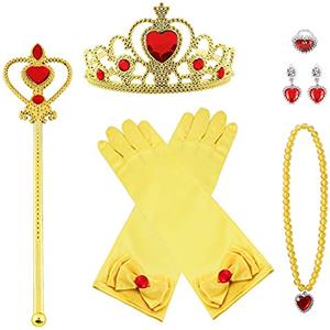 Vicloon Nuovi Costumi da Principessa Set di 8 Pezzi Dono da Tiara, Guanti, Bacchetta Magica, Anello, orecchino, Collana da 3 a 9 Anni (Giallo)
