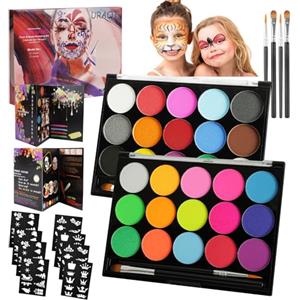 URAQT Body Painting, 30 Colori Pittura di Corpo con 4 Pennelli e 8 Stencil, Non Tossico Fluo Colori Trucco Viso a Base d'acqua, Truccabimbi Halloween per Pelle Viso Corpo, Festa, Carnevale