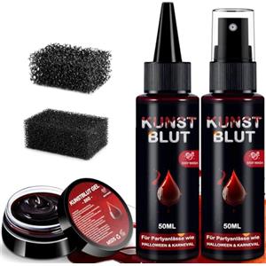 Kenvora Sangue Finto Halloween Set - 50ml Sangue Finto Spray + 50ml Sangue Gocciolante + 50g Plasma Coagulato, Lavabile Halloween Trucchi Fake Blood per Make Up Trucco Zombi, Vampiri, Cosplay