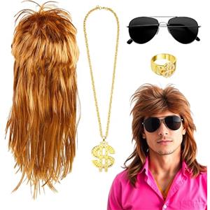 Costumed Set 4 in 1 Vokuhila 80 e 90 costumi - per costume di carnevale e carnevale con parrucca Assi Vokuhila, catena d'oro e occhiali e anello d'oro