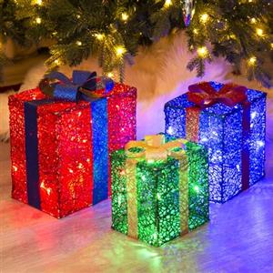DELICHTER LED Decorazione di Natale, 3× Rosso/Verde/Blu Confezione Regalo con Nastri Illuminazione di Natale per Interni, camere, Case Vicino all'albero di Natale