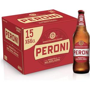 Peroni Birra, Cassa con 15 Birre Lager in Bottiglia da 66 cl, 9.90 L, con Malto 100% Italiano, Gusto Moderatamente Amaro, Gradazione Alcolica 4.7% Vol