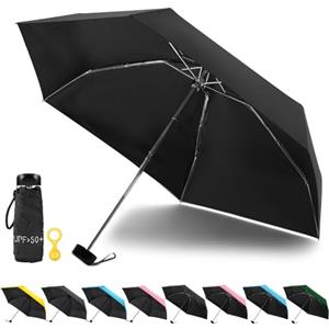 Vicloon Mini Ombrello Portatile Pieghevole, Leggero Compatto Antivento per Viaggio con Piatto Manico, Pioggia e UV Protezione UPF>50+(Nero)