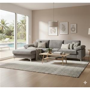 CONCEPT USINE | Divano angolare in Velluto 4-5 Posti | Design Galway Grigio | Larghezza 262 cm | Angolo Sinistra | Comfort Ultra Lussuoso | Struttura in Legno Robusta | Piedi in Metallo | Stile