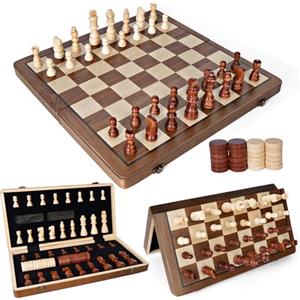 SUPRBIRD Scacchiera in Legno, 2 in 1 Scacchi Magnetici, 39x39 cm Scacchiera Professionale Pieghevole Portatile Scacchi e Dama Magnetici, con Borsa Portaoggetti, Dama per Bambini e Adulti Feste