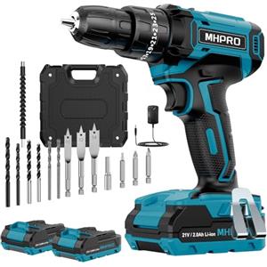 MHPRO Trapano Avvitatore Batteria 21V, MHPRO Avvitatore a Batteria con 2 Batterie da 2.0Ah, 42N.m di Coppia, 2 Velocità, 25+3 Coppia, 14 Accessori, Luce a LED, Per il fai da te, in Casa e Giardino