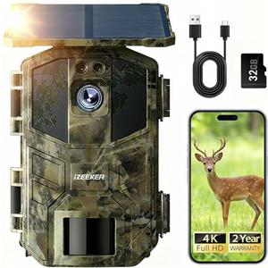 iZEEKER Solare WiFi Fototrappola 4K 64MP con Scheda Micro SD 32GB, Bluetooth Fototrappola con 5200 mAh Batteria, Visione Notturna, 0,1s Tempo di Scatto Attivato dal Movimento per Monitoraggio Fauna