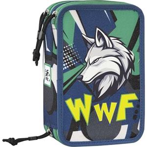 Franco Cosimo Panini WWF - Astuccio Scuola Ufficiale WWF, Astuccio 3 Scomparti Bambino e Bambina con Set Cancelleria, Penna Cancellabile Blu e Pratica Chiusura a Zip, 20x13Hx7 cm, Blu