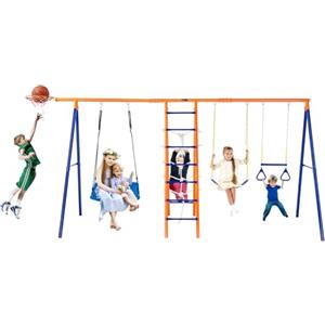 VEVOR Altalena da Giardino, Altalena 6 in 1, Altalena in Metallo per Carichi Pesanti da Esterno con 2 Altalene, Barra a Trapezio, Scala da Arrampicata, Capacità di 200 kg per Bambini dai 3 Anni in Su