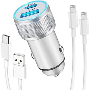 LUOSIKE Caricabatterie Auto USB C e Cavi per iPhone, Caricatore 2 Porte (PD/QC) 38W e 2x Cavi Lightning 1m, Presa USB Accendisigari 12V/24V Compatibile con iPhone 14/13/12/11/Pro/Max/Plus/mini/SE