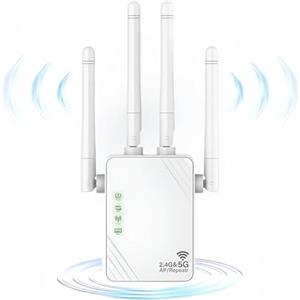 ANDHOT Ripetitore WiFi, 1200Mps dual band 5GHz e 2.4GHz WiFi extender, modalità ripetitore/router/AP, amplificatore di segnale Wi-Fi con 4 potenti antenne, 2 porte LAN,adatto per uso domestico/ufficio
