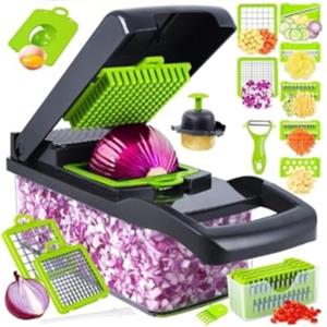 Generico Taglia verdure in Acciaio Inox Multifunzione 16 in 1, Affettaverdure da Cucina con Lame Intercambiabili, Mandolina per Verdure con Contenitore, Verde/Nero