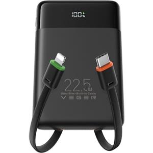 VEGER 10000mAh Power Bank con Cavi Integrati, 22.5W Ricarica Rapida Caricatore Portatile, Sottile Compatto USB C Powerbank LED Display con 4 Uscite e 3 Ingressi Compatibile con iPhone Huawei Xiaomi