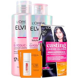 L'Oreal Paris L'Oréal Paris Set Casting Crème Gloss Trattamento Colorante 210 Nero Blu + Glycolic Gloss Shampoo 200ml + Trattamento Laminazione 5 Minuti 200ml + Revitalift Clinical Fluido Anti-UV SPF 50+ - Set da 4