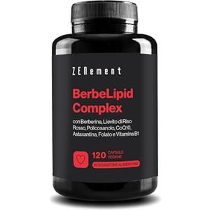 Zenement BerbeLipid Complex - con Berberina da Berberis aristata e Riso Rosso Fermentato con Monacolina K, CoQ10, Policosanolo, Astaxantina, Folato Attivo e Vitamina B1 - Zenement